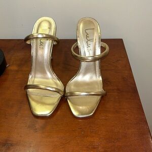 Lulus Theyaa Gold Metallic Square-Toe High Heel Sandals Size 6
